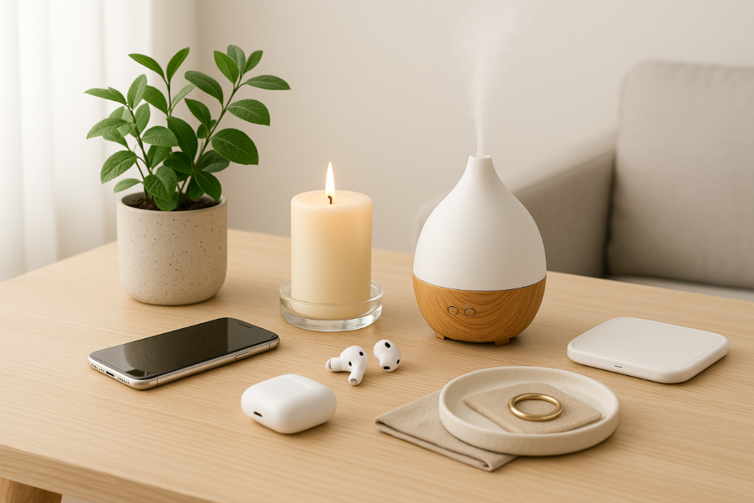 Una composizione luminosa e moderna con una tavola ben apparecchiata, una candela accesa, una pianta decorativa, un diffusore di aromi e accessori per la casa